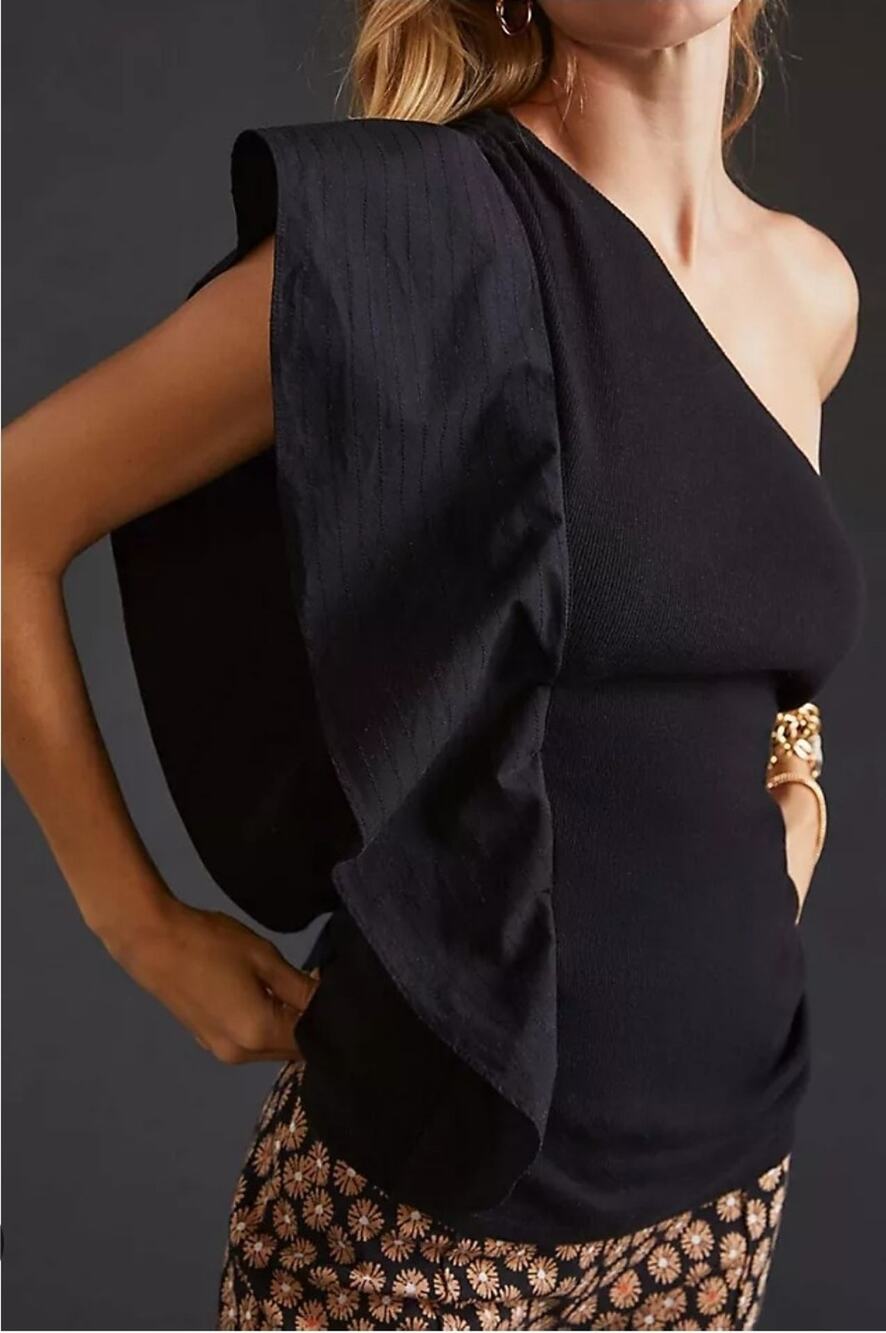 Anthropologie One Shoulder Black Cotton Ruffled Top Small